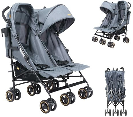 Jovikids Geschwisterwagen, Zwillingskinderwagen mit Liegefunktion, Klappbar Reisebuggy Inkl. Sonnenverdeck, Regenverdeck und Getränkehalter