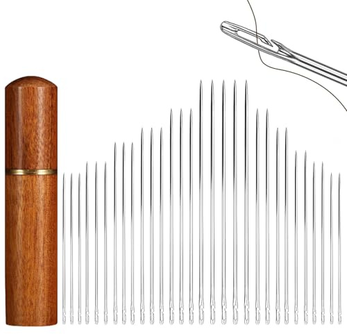 30pcs Sewing Needles Large Eye, 6 Sizes Stainless Steel Embroidery Needles with Wooden Case, Easy Threading Large Eye Sewing Needles for Hand Sewing, Wool and DIY Craft