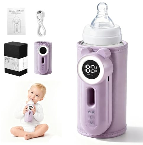 Calentador de botellas portátil, control de temperatura de 11 niveles y pantalla LED, calentamiento rápido sin agua, batería de 10400 mAh, con luz nocturna para viajes y hogar (morado)
