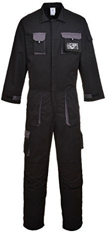 Portwest TX15 Men's Texo Contrast Coveralls Durable Cotton Protective Work Overalls Workwear Knee Pad Pockets Two-Way Zip Elastic Waist Boiler Suit for Mechanics Warehouse Garages DIY, Black, 3XL