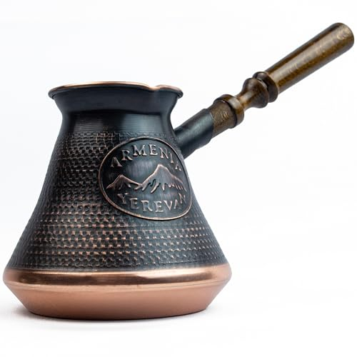 Cafetera armenia hecha a mano de 15 onzas líquidas, cobre Jazva Ararat, turco, árabe, griego, Cezve, Jezve, Ibrik, Turka, Jazve, mango de madera (5 tazas (15 onzas líquidas), marrón