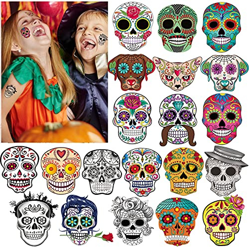HOWAF Halloween Tattoo Kinder, Tag der Toten Temporäre Tattoos Set, 100 Stück Hautfreundlich Kindertattoos Totenkopf Aufkleber für Mädchen Junge Halloween Party Kindergeburtstag Mitgebsel