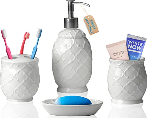 Ensemble d'accessoires de Salle de Bain Design 4 pièces - Ensemble de Salle de Bain en céramique avec Distributeur de Savon Liquide ou de Lotion, Porte-Brosse à Dents, gobelet et Porte-Savon