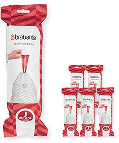 Brabantia 138362 PerfectFit Bin Liners Multipack (Size J/20-25 Litre) Thick Plastic Trash Bags with Tie Tape Drawstring Handles (120 Bags), White