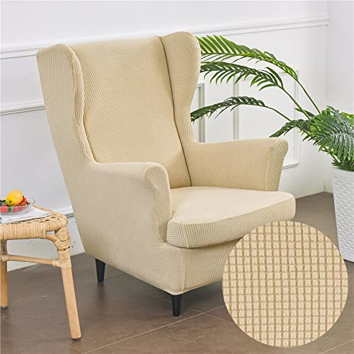 Highdi Wingback Chair Covers 2 Piece Stretch Wing Chair Slipcover, Solid color Jacquard Thicken Strandmon Sofa Cover Furniture Protector for Armchair Chairs Living Room Bedroom Hotel (Beige)