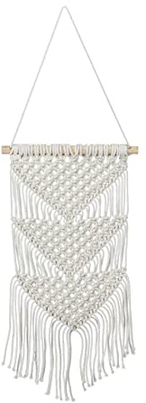 Relaxdays Set 2 Tapices Macramé Pared Hechos a Mano, Adorno Textil Colgante Estilo Boho, 70 x 25,5 cm, Algodón y Madera, Crema