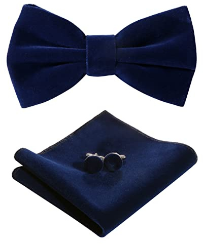 HOULIFE Ensemble nœud papillon pour homme – Nœud papillon réglable en velours pré-noué, mouchoir uni, boutons de manchette pour marié, mariage formel avec boîte cadeau, Bleu marine, M
