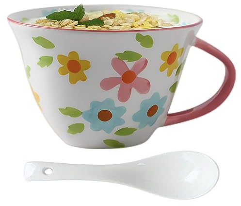 NIUKOMY Taza de Cerámica de Desayuno con Cuchara, Grande XXL Tazas de Café de Porcelana, 600ML Tazón de Té con Asa para Cappuccino Leche Sopa, Taza de Florales Pintado Rosa