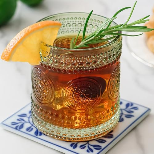 Kate Aspen Hobnail Beaded Floral Green Drinking Glasses Set of 6, (10 oz) Vintage Glassware Set Cocktail Glass Set, Juice Glass, Water Cups | Great Hostess Gift & Gift for New Home Owners