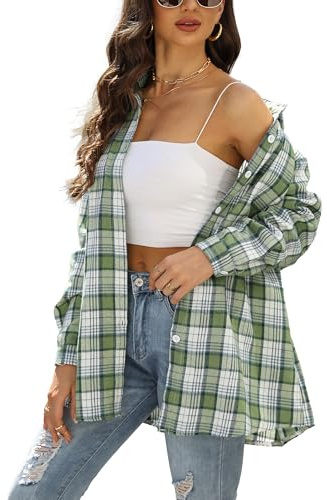Agoeast Womens Oversized Button Down Plaid Flannel Shirts Casual Long Sleeve Checked Blouse Top(0068-LightGreen-XL)