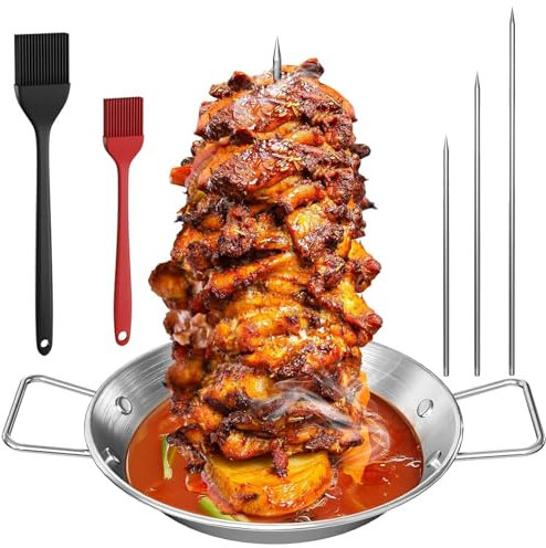 Spiedo Verticale per Kebab, Macchina per BBQ Kebab in Acciaio Inox con 3 Punte di Ricambio di Dimensioni Differenti e Piastra per Spiedo Verticale con Maniglia per Bistecca Pollo Pesce Tacchino Kebab
