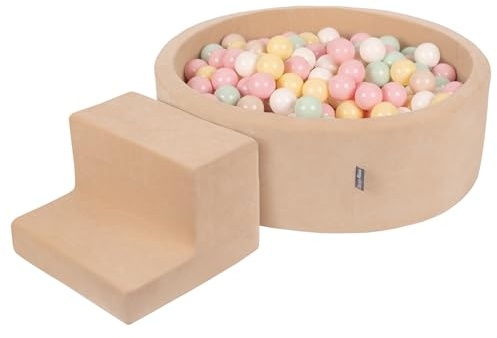 KiddyMoon Spielplatz Velvet Aus Schaumstoff Mit Rund Bällebad (100 Bälle) + Stüfchen Ballgruben Für Babys Spielbad, Sandbeige:Pastellbeige/Pastellgelb/Weiß/Minze/Puderrosa