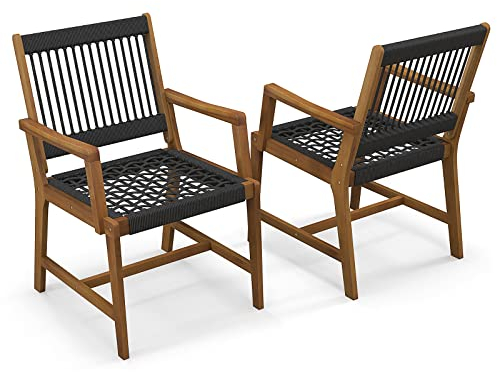 COSTWAY Gartenstühle 2er Set, Balkonstühle aus Akazienholz und Seilgeflecht, Terrassenstühle mit Rückenlehne & Armlehne, 160 kg Tragfähigkeit, für Garten, Terrasse, Balkon