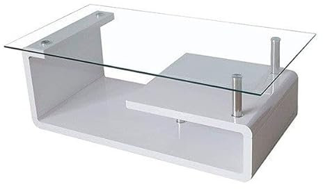 HOGAR24 ES Mesa de Centro de Cristal Transparente, Diseño Moderno, Estructura Color Blanco, Medidas: 120 cm (Ancho) x 42 cm (Alto) x 65 cm (Fondo).