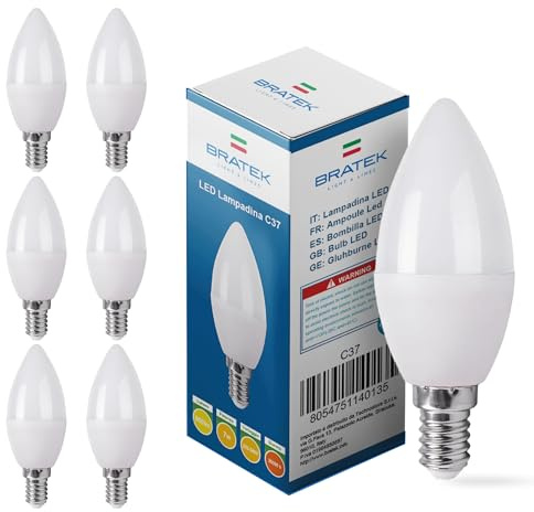 Bratek Lampadine LED E14 7W 654lm, Luce Fredda 6500K, Forma Oliva Candela, Alta Luminosità, Risparmio Energetico, Durata 25000 Ore – Confezione da 6 Pezzi