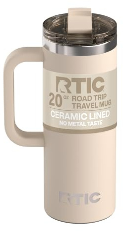 RTIC 20oz Road Trip Travel Mug with Lid and Handle, Ceramic Lined, Insulated, Stainless Steel, Metal, Double Wall Vacuum-Insulation, Portable Coffee, Tea Cup for Hot and Cold Drink, Beach