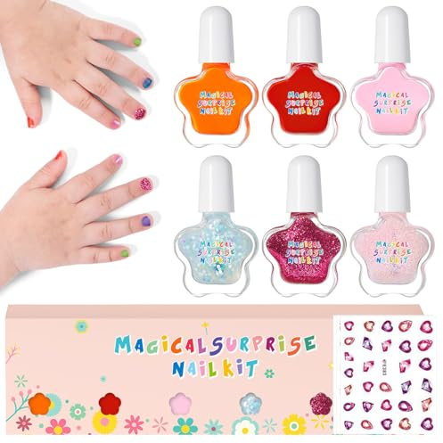 DMQ Kids Nail Polish Set for Girls, 6Pcs Rainbow Kids Nail Varnish Sets, Non-Toxic Peel-Off Children Glitter Nail Gel Kit, Quick Dry Water-Based Nail Paint Gel with Nail Art Sticker - Gift for Girls