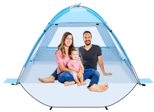 Strandmuschel Tragbarer Strandzelt Sonnenschutz Windschutz Zelt mit UV-Schutz 50+ Einfacher Aufbau Extra Light Kleines Packmaß Camping Zelt für Strand Garten (Blau, 4 Personen)