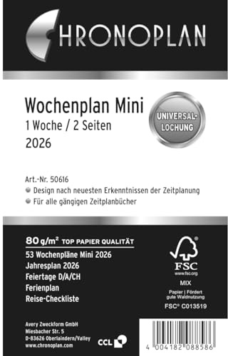Chronoplan 50616 kalenderinlägg 2026 (veckoplanering mini (79 x 125 mm) reservkalendarium för mötesplanerare, perfekt för detaljerad veckoplanering, 1 vecka på 2 sidor i rader, med universell