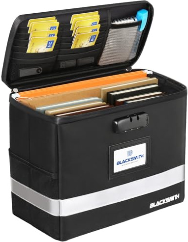 BlackSmith Scatola portadocumenti ignifuga con serratura, resistente al calore fino a 2.315 °C e impermeabile IPX3, con organizer per documenti da appendere, per formato lettera, pieghevole, portatile