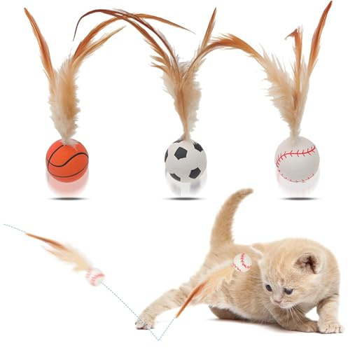 YZZT Lot de 3 balles interactives en plumes pour chats d'intérieur - Jouet rebondissant interactif pour chat - Jouet pour chat d'intérieur - Jouet pour chat adulte - Jouet à queue rebondissante