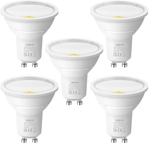 Lepro Bombilla LED GU10 Clase A, 590 Lumen, Blanco Frío 6500K, 3,3W Equivalente a 50W, Lámpara LED GU10, Ángulo de Haz Amplio de 100°, Larga Duración y Bajo Consumo, NO Regulable, Paquete de 5
