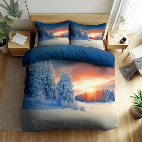 XCQHZYQ Copripiumino Singolo Bambino Paesaggio Invernale Natura Neve Biancheria da letto Completo letto Blu Reversibile Set Copripiumino 2 Pezzi, Copripiumino 150x200 cm e 1 Federa 50x80 cm