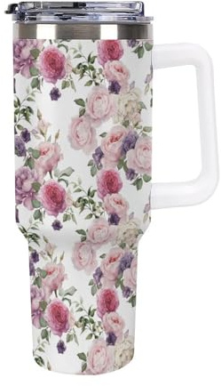 40 Oz Tumbler with Handle and Straw | 304 Stainless Steel Vacuum Insulated Cup | Leak-Proof Dual-Drinking Lid | BPA-Free Reusable for Car/Home/Outdoor, Rose Pattern