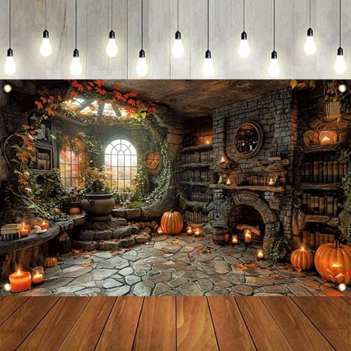 Magisk bokhylla pumpa lykta skräck fotografi bakgrund Halloween natt spöke party fotobås tillbehör