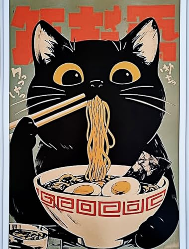KUSTOM ART Poster Decorativo da Parete Serie Animali Stile Giapponese Gatto Nero Kuro Neko con Ramen Stampa su Carta Patinata 40x30cm Senza Cornice
