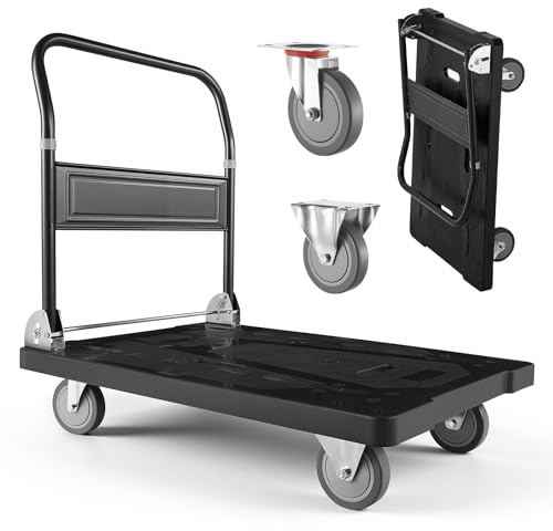 VEVOR Carro Plataforma Plegable 895 x 595 mm, Carretilla de Transporte Carga de 453,59 kg, Carrito Portaequipajes con Plataforma con Ruedas, Asa de Empuje para Tareas Domésticas, Almacén, Mudanza
