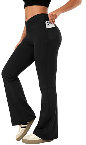 JOCMIC Women Flared Leggings with Pockets High Waisted V Cross Yoga Pants | Soft Elastic Opaque Workout Pants for Gym, Pilates, Running, Daily Wear