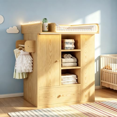 Commode à Langer Naturel - Wickelkommode en Bois avec Grande Table à Langer, 3 Tiroirs & Rangement, Meuble à Langer Bébé Sécurisé, Plan à Langer Amovible, 91 * 76.5 * 100cm, Naturel (Natural)