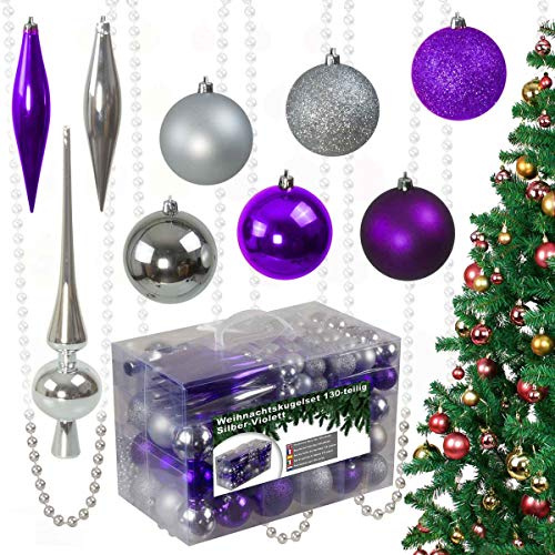 130-teiliges Weihnachtskugeln Set aus Kunststoff - Christbaumschmuck Baumschmuck in Glänzend Glitzernd Matt, Silber/violett
