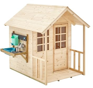TP Toys Maisonnette Chalet Prairie en Bois avec Cuisine Extérieure et Ustensiles – Cabane Enfant avec Auvent, Plancher, Fenêtre Plexi et Pochoirs – 3 Ans+