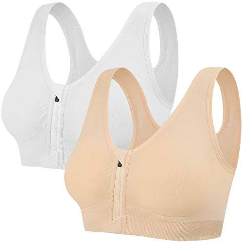 Tuopuda Sport-BH Sömn BH Underkläder Kvinnor Utan Bygel Med Dragkedja Framsida Och Avtagbara Kuddar För Gymnastik Löpning Jogging Yoga, Vit + beige, S