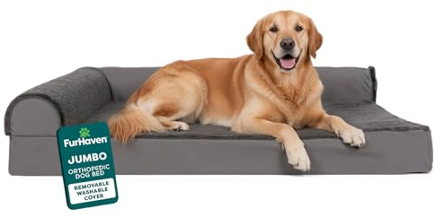 FurHaven Orthopedic Dog Bed for Large Dogs, L-Shaped Chaise Mattress with Orthopedic Egg Crate & Solid Orthopedic Foam Base for Joint Support, Washable Cover, Jumbo XL, Plush & Velvet, Platinum Gray