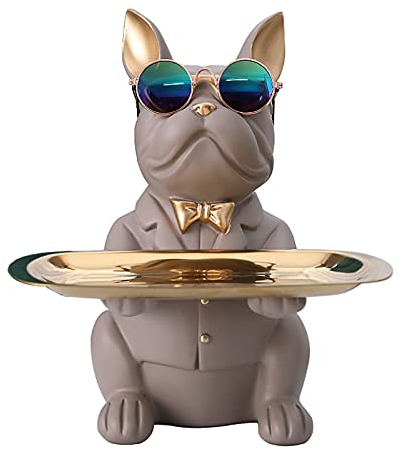 Vinbcorw Coole Bulldogge Skulptur Französisch Statue mit Edelstahl Tablett, Statue, Tischdekoration, Mode, Heimtextilien, Multifunktion, Schreibtisch Lagerung (B, grau)