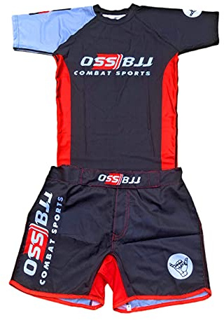 OSS Sports Set da uomo BJJ, MMA, Grappling Top a compressione Plus Shorts Set 2 pezzi – BJJ Jiu Jitsu Rash Guards, BJJ, No GI, MMA, nero, Nero , XL