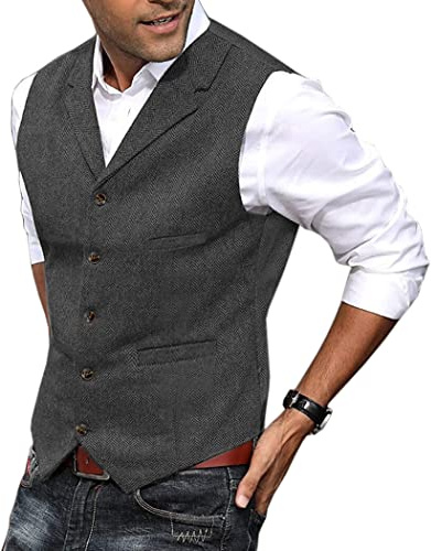 Solovedress Gilet da Abito da Uomo Elegante Tweed Panciotto Casual Smanicato Risvolto Dentellato per Lavori di Matrimonio（Grigio，XL）
