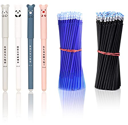 LOREC 8 Stück Cartoon Radierbarer Kugelschreiber Schwarz/Blau 0.35mm mit 40 Stück Nachfüllungen Tintenroller Radierbar Erasable Pen Panda Gelschreiber Radierbar für Erwachsene Kinder Studenten
