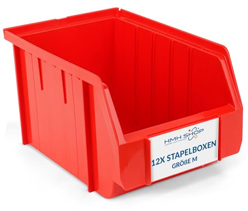 HMH Stapelboxen der Größe M 230x150x130mm für dein Kleinteilelager Sichtlagerkästen in 5 Farben Zubehör wie Deckel Trennsteg Etikett Wandschiene Sortierkisten (Rot, 12 Stück)