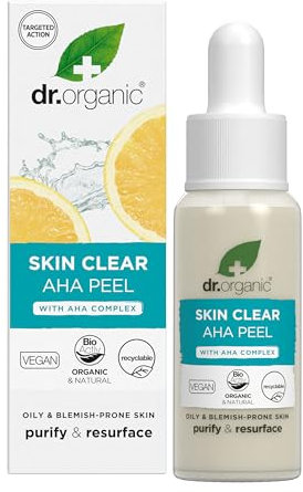 Dr Organic Skin Clear AHA Peeling con acidi della frutta, siero esfoliante, acne, cicatrici, anti-imperfezioni, schiarente naturale, vegano, cruelty-free, senza parabeni e SLS, biologico, 30 ml