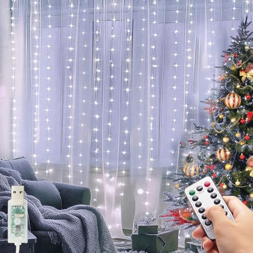 kolpop Guirlande Lumineuse,3x3M USB Rideau Lumineux,300LED avec Télécommande et Minuterie,8 Modes Dimmable Etanche LED Decoration pour Noël, Mariages, Anniversaires, Fenêtre,Fêtes(Blanc Froid)