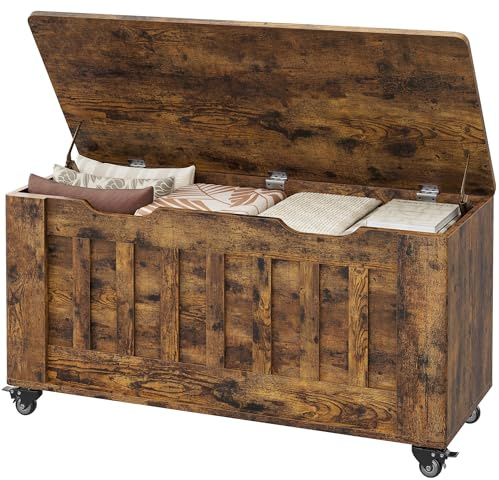 GarveeHome Storage Chest, Storage Bench with 4 Wheels, 39.4 in Wooden Blanket Chest with 2 Safety Hinges, Round Corner, Supports 350 LBS, Storage Trunk for Entryway, Living Room, Bedroom,Rustic Brown