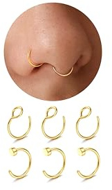 Diamday 6Stück Nasenpiercing Fake Nasenring Dünn Gold Silber Chirurgenstahl Septum Hoop Nostril Piercing Set Lippenpiercing Helix Knorpel Tragus Daith Piercing Ohr Schmuck 22G/20G/18G 6-8MM-7