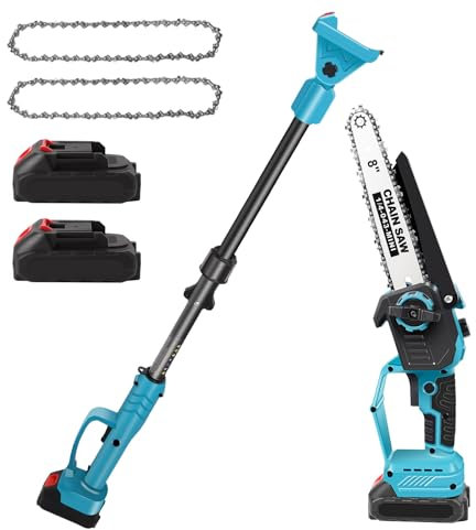 Élagueuse sans fil 2 en 1 et mini tronçonneuse de 20,3 cm avec 2 batteries de 6000 mAh et chargeur, moteur sans balais, tige télescopique de 2,8 m, pour arbres et branches hautes (batterie 2 x 6000
