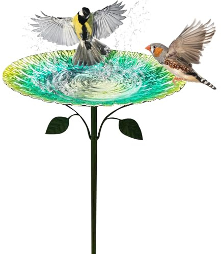 Abbeveratoio per Uccelli 2-in-1 con Ciotola per Uccelli in Piedi e Vaschetta per Uccellini, Stazione Multifunzione da 83cm in Metallo Verniciato Verde Malachite per Giardino