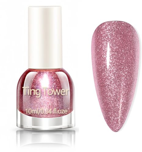 Glitter Nail Polish,Shiny Pink Nail Varnish,Quick-Dry Sparkle Nail Varnish, Long-Lasting Bright Pink Holographic Shimmer Color, Chip-Resistant High-Gloss Finish, No UV Lamp Required