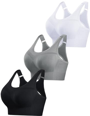 Litherday Bygellös Dam Sport-BH utan bygel Push Up High Impact Vadderad Stöttålig Fitness Top för Träning Yoga Löpning Jogging S-XXL, Svart + Vit + Grå, XL